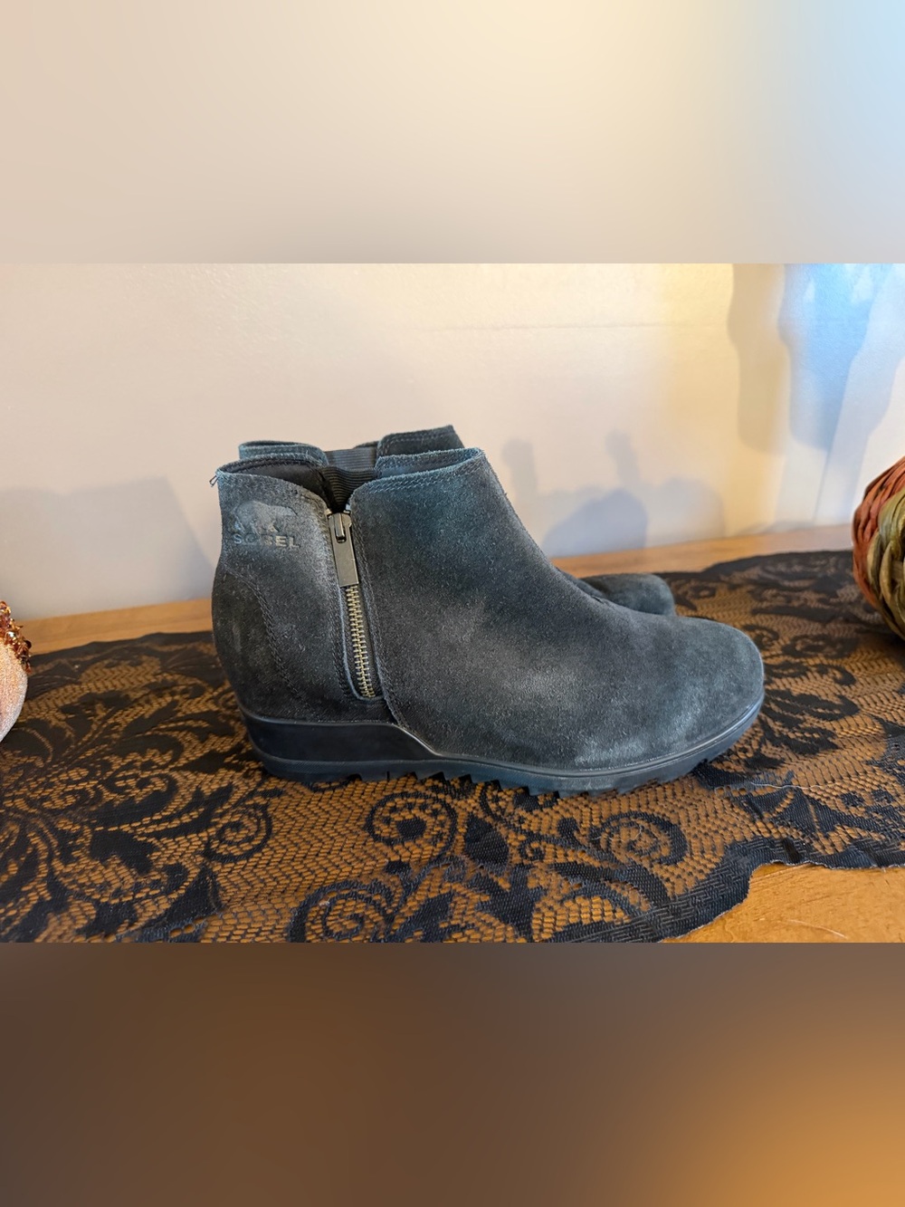 Sorel Black Suede Wedge Ankle Boots